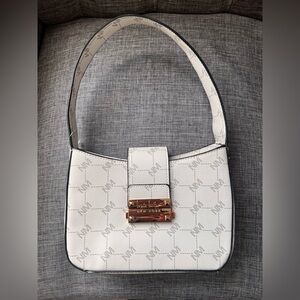 Nicole Miller NY TOP Shoulder Purse Bone White / Black outline gray initials.